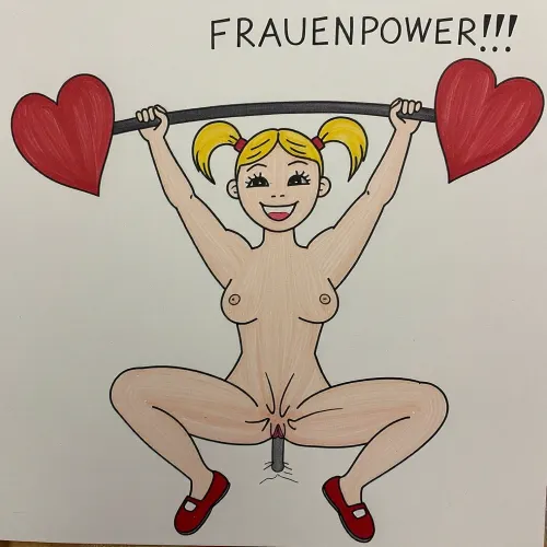 The image shows a simple, colorful drawing of a smiling girl with blonde hair tied in two pigtails. She is naked except wearing red shoes. Her vaginia is prominent set out, a stylized pencil drawn in the same style, from the bottom up impales her. The girl is lifting a barbell above her head, but instead of weights, there are two large red hearts on each end of the barbell. Above her, the word "FRAUENPOWER!!!" is written in bold letters. The overall message of the image is one of strength, empowerment, and positivity for women.