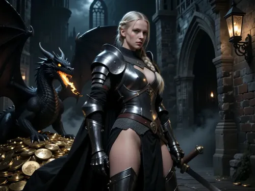 Sexy curvy big ass woman in knight armor, she is a Scandinavian knight with pale sunless skin, long light blonde hair braided into a single neat braid, clear blue eyes, and a cold focused expression of absolute resolve. She wears dark heavy knight armor, heavy but elegant, with layered black and charcoal cloth tabard. Dragon, large black dragon on top of pile of gold in a gothic castle at midnight, its eyes glowing in a warm yellow-orange hew, its maw is slightly opened a beginning flame growing in the back of its throat.

The castle is dark and claustrophobic, with rough brickwork, crooked gothic arches, old stone walls, wrought-iron lanterns, drifting fog, and deep black corners where danger waits. High fantasy knight, gothic castle, cinematic composition, ultra detailed, realistic painterly style, dramatic low-key lighting, deep shadows, tense stealth atmosphere, elegant martial pose.