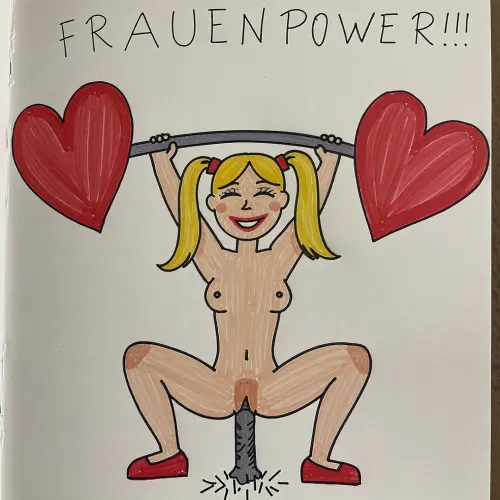The image shows a simple, colorful drawing of a smiling girl with blonde hair tied in two pigtails. She is naked except wearing red shoes. Her vaginia is prominent set out. A drawn penis from the bottom up impales her. The girl is lifting a barbell above her head, but instead of weights, there are two large red hearts on each end of the barbell. Above her, the word "FRAUENPOWER!!!" is written in bold letters. The overall message of the image is one of strength, empowerment, and positivity for women.