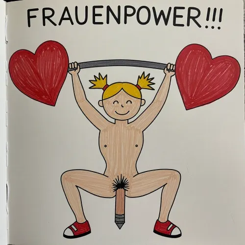 The image shows a simple, colorful drawing of a smiling girl with blonde hair tied in two pigtails. She is naked except wearing red shoes. Her vaginia is prominent set out, a stylized pencil drawn in the same style, from the bottom up impales her. The girl is lifting a barbell above her head, but instead of weights, there are two large red hearts on each end of the barbell. Above her, the word "FRAUENPOWER!!!" is written in bold letters. The overall message of the image is one of strength, empowerment, and positivity for women.