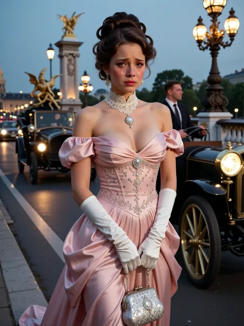 It is Paris, 1910, the dying embers of La Belle Epoque. 20 yr old Clara is walking over the Pont Alexandre III, lit by glowing, incandescent Art Deco globes, (and checks her diamond-encrusted pendant watch for the tenth time. It is 9:15), PM. on a warm July evening, and her date is now a full hour late for their dinner engagement at Maxim’s. Her excitement at the prospect is turning to disappointment, her beautiful face a picture of sadness, tears beginning to form in the corners of her eyes and run down her red flushed cheeks, hot with shame and embarrassment as the wealthy elite pass by unbothered in open-top vintage Renault motorcars and horse-drawn carriages. Every detail of her ensemble had been chosen for tonight’s celebration. She wears a magnificent evening gown of pale rose silk chiffon, structured with an S-bend silhouette that accentuates her cinched waist. Intricate beadwork glints like dew under the gaslight, and a high lace collar frames her face. Her gloved hands, clad in spotless white kidskin, clutch a silver-gilt evening bag against her skirt. Her hair is coiffed into a perfect, voluminous Gibson Girl pompadour, untouched by the summer humidity. Even the intricate carvings on the bridge, the sculpted sea nymphs and cherubs that decorate the massive single-arch steel span no longer fill her with joy. The magnificent Art Nouveau bridge glows with opulent golden candelabras and gilded Pegasus statues.

historical realism, 8k resolution, photorealistic, dramatic contrast