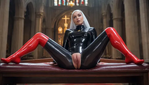 a nun in black transparent latex body, wearing red transparent latex tigh high socks, big tits, no shoes, cameltoe, spread legs lying on her back on high altar, show her feet in latex