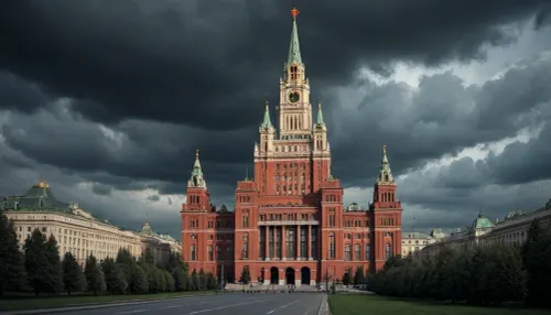 (in soviet patriotic and propaganda poster of 1950s style), view of Moscow University, dark and oppressive atmosphere, the building stands out with its light silhouette against the dark clouds and black sky as an embodiment of imperial power