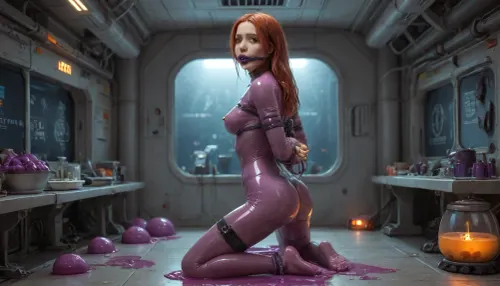 masterpiece, 4k, 1 slim babe, medium breast size, German athletic girl with muscular legs and ass, kneeling, in spaceship, (standing in spaceship over slime bowl, purple ball gagged:1.2), red hair, grey eyes, (hands tied behind her back with metal cuffs:1.5), bdsm, view from rear, legs spread, looking back at viewer, submissive, long hair, nipple piercing, (muscular slim body:1.2), tight big silver choker around her neck, tears, (body oiled up:1.3), (shiny oiled body:1.3), body oil, standing, (pearlescent silver purple transparent bodysuit, brassiere, dense durable transparent silicone shapewear bodysuit, glossy purple transparent latex stockings and garter belt), viewed from rear, ((octopus tentacle monsters), tentacle dick, (anal)), Read, instruction, for, the, complete, features, Tentacle, nest, Slimy, swamps, giant, slime, mushrooms, soft, tentacle, sex, Slime, scene, prisoned, in, experimental, glass, tube, Love, tentacles, opening, anus, vagina, spreading, pussy, sucking, a, blowjob, Massive, penetration, Icy, blue, thick, penis-shaped, penis, shaped, hair, queen, of, Sparta, Futuristic, powered, outfits, tribal, body, paintings, tanned, glossy, skin, covered, with, colored, and, dark, mud, Cum, drip, floods, from, her, mouth, ears, massive, cum, flood, on, floor, Sticky, liquid, dripping, suspended, above, ground, by, ropes, top-down, bottom-up, Pleased, Surprised, breathless, Flirty, Closeup, Depth, field, bottom, view, belly, under, Shiny, Darkness, View, ass, behind, futuristic, l4b0r4t0ry, great, lighting, 4ng3l, face, <lora:Tentacles_RELOADED:1>, <lora:futuristic_l4b0r4t0ry:.8>, <lora:great_lighting:.8>, <lora:SDXL_BetterFaces-LoRA_v1:.8>, focus pussy
