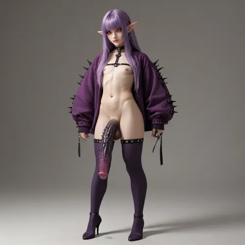 elf femboy, extremly pale skin, purple patches of skin, bone spikes growing out of skin, glowing eyes, red eyes, dark purple penis, huge penis, huge spikes on penis, mutated penis, full body, black sclera