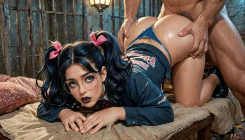 reiq style, (girl 25 years old wears glasses with round lenses and thin frames:1.3), light blue eyes, black lipstick, dark goth makeup, (black hair styles short wavy hair in high twin tails with pink bows in hair), doggystyle, fucked by captian america, rear bottom view, standing doggystyle, sad, big butt, torn clothes, hair pulling, good lighting, Prison, full body view, <lora:detailed_notrigger:2>, <lora:add-detail-xl:.8>, <lora:LCMTurboMix_Euler_A_fix:.8>