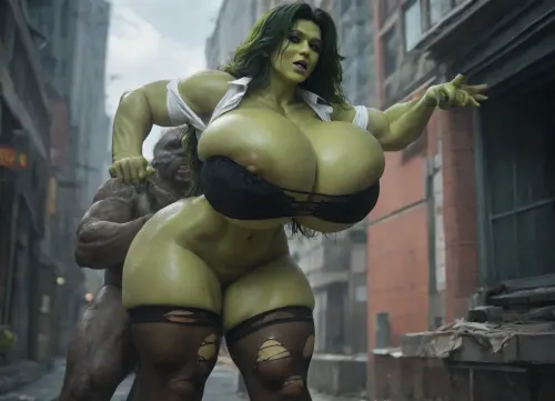 Distant shot, wide shot, Outdoors, on a skyscraper rooftop, Interracial superhero sex, standing doggystyle sex, powerful naked extremely tall dark skinned African American superhero brute, fucking naked athletic ultra muscular 35yo green skinned She-Hulk superhero body builder from behind, She-Hulk is leaning forward with her palms pressed to a wall, She-Hulk has a beautiful flawless Instagram Model face with large equal seductive green eyes, full lips and defined cheekbones. She-Hulk is seduced into having rough sex, She-Hulk has enormous muscles all over her body, She-Hulk was a lawyer before she transformed into She-Hulk, Her professional clothes are torn and shredded after her transformation, her white blouse is torn open, her black stockings are stretched and torn, her black bra has snapped off, her black miniskirt is lifted over her ass, (She-Hulk has green skin:1.4), huge chest circumference, (massive breasts:1.2), muscular body, hip gap, (narrow waist), pussy cameltoe, She-Hulk has extremely long thick wild green hair, (extremely long hair:1.1), (extremely thick hair:1.3), . Black superhero brute grabs She-Hulk by the hips as he fucks her with his long thick cock, his cock is half way into She-Hulk's ass. She-Hulk is powerless to resist, She-Hulk is in exquisite pain, grimacing, struggling, rough sex, She-Hulk is exhausted, sweating heavily, covered in sweat, oiled body, (bukkake:1)