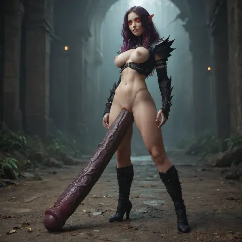 elf, pale skin, dark corrupted patches of skin, glowing eyes, red eyes, dark purple penis, huge penis, spiked penis, mutated penis, full body