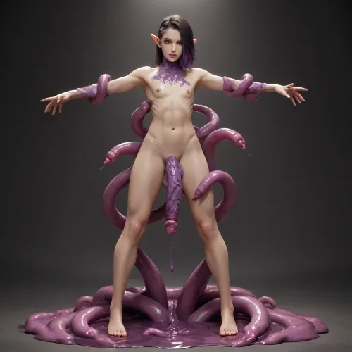 elf femboy, extremly pale skin, bone spikes growing out of skin, glowing eyes, red eyes, dark purple penis, huge penis, huge spikes on penis, mutated penis, full body, black sclera, muscular, muscular femboy, side shave, black hair, purple highlights, tall femboy, textured penis, mysterious purple haze, penis tentacles, erect penis, standing in a puddle of purple goo, tentacles growing out of the purple goo, reaching out to viewer with one hand, tentacles stretching towards viewer, they are about to fuck every hole in the viewers body, they will fuck viewer to the point his holes are permanently stretched, covered in slime, tentacles coiling around arms and legs