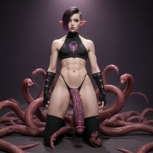 elf femboy, extremly pale skin, bone spikes growing out of skin, glowing eyes, red eyes, dark purple penis, huge penis, huge spikes on penis, mutated penis, full body, black sclera, muscular, muscular femboy, side shave, black hair, purple highlights, tall femboy, textured penis, mysterious purple haze, penis tentacles