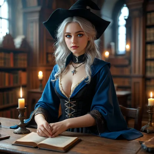 (warm ambient light:.5), (shadows:.4), 8k, best quality, (masterpiece), (intricate details), 1 42 year old girl, sitting at a desk in an old bibliothek, full body view, silver hair, perfect eyes, perfect face, perfect lighting, beautiful, high detail, octane render, detailed eyes, (full-body shot), (sexy female wizard teacher), holding a small wizard wand, black wizard hat, black wizard school uniform, black wizard cloak, boots, black eyeliner, deep cleavage, firm breasts, athletic body, silver necklace, no panties, JS_ShortSkirt, bright, blue, eyes, <lora:MJ52:.8>, <lora:Portrait_perfection:.8>, <lora:bright_blue_eyes:.8>