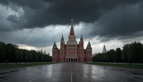view of Moscow University, dark and oppressive atmosphere, the building stands out with its light silhouette against the dark clouds and black sky as an embodiment of imperial power