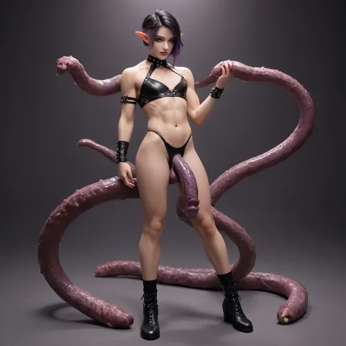elf femboy, extremly pale skin, bone spikes growing out of skin, glowing eyes, red eyes, dark purple penis, huge penis, huge spikes on penis, mutated penis, full body, black sclera, muscular, muscular femboy, side shave, black hair, purple highlights, tall femboy, textured penis, mysterious purple haze, tentacles