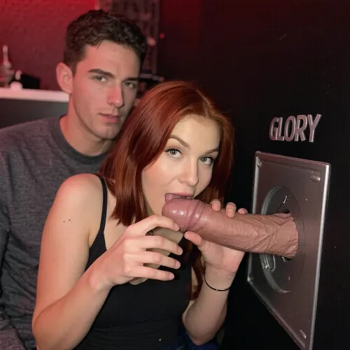 Authentic amateur smartphone photo, grainy, dim indoor lighting with red tones, candid style.

Eine sexy Frau mit roten haaren sitzt in einem dunklen raum mit glory hole, ein harter ultra-realistischer penis wird durch das glory hole gesteckt, sie fasst den penis vorsichtig an und lächelt schüchtern in die kamera, ihr mund ist geöffnet, sie will den penis in den mund nehmen, ihr freund mit kurzen braunen haaren sitzt direkt hinter ihr und schaut skeptisch in die kamera

realistischer penis mit realistischer größe, maximale details

Full body view, alle personen sind voll sichtbar, der mann schaut in die kamera