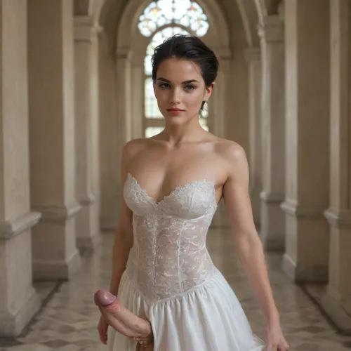 1man, slim athletic build, bridal gown, huge cock, handsome, crossdressing, very manly, gold cock ring, short hair, black hair, fade haircut, hair slicked to the right, adoring expression, at the altar, getting married to viewer, looking at view point, gay, during the exchange of vows, standing, getting married, happy, erect penis