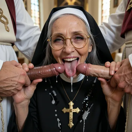 4k ultra high resolution, face of a elderly very old ugly, (90 years old, emaciated), norwegian squatting nun is licking 2 veiny cocks, (one dark brown penis, one pale penis), in front of her from 2 standing priests, woman holds the cocks horizontally with both hands, licking the tips of the cumdripping cocks with her long tongue, (much cum on tongue and cumdripping), priests hands are touching the nun's head and the nuns back, long grey hair, ultra high detailed face, big skin wrinkles and many dark freckles, dark eyelids, long black eyelashes, grey eyes, nun is wearing a black nun's habit full of cum with many cumspots, cumdripping long chin, big golden traditional cross, round golden glasses, nun is smiling bright and showing teeth, old veiny pale body skin and veiny hands, background church, high noon with warm sunbeams