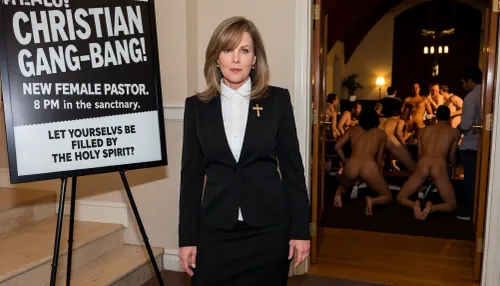 Nighttime. A distinguished 45-year-old female pastor—very attractive and sexy—is wearing a black skirt suit and a white blouse, with a gold cross pinned to her lapel, she has shoulder-length light brown hair with straight bangs swept to the side. A poster stand stands beside her. The poster bears text in large letters, "CHRISTIAN GANG-BANG! NEW FEMALE PASTOR. 8 PM in the sanctuary. LET YOURSELVES BE FILLED BY THE HOLY SPIRIT."

She is in the entryway of a Pentecostal church, waiting.

Male and female congregants, completely naked, begin the sexual orgy, fucking in the sanctuary while they wait.