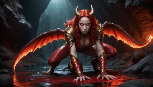 4K Photo, high quality, high Contras, ultra Detailed, fantasy, demon girl, red and white scales, gold horns and claws, red hair, glowing red eyes, perfect eyes, on all fours, in a dark cave with red glowing lava, detailed scales, shiny texture, intricate gold armor, large giant big breasts, very long hard Nippes, tail with red and gold scales, seductive expression, Long Sharp claws on the ground, reflective water on the cave floor, high contrast lighting, detailed background, glowing red light, dramatic shadows, fantasy creature, high detail, fantasy art style, dark and moody atmosphere, detailed scales and armor, red and gold color scheme, fantasy setting, otherworldly, high quality digital art, glowing eyes, long hair, Sharp claws, detailed Perfect Skin, Perfect body