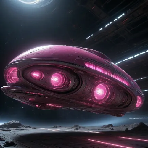 A colossal 100-kilometer-long organic alien spaceship, sleek and sensual body geometry, biomechanical design with smooth metallic curves and glowing pink energy veins. Extremely detailed hull resembling exotic biological structures, massive glowing thrusters, floating in deep space. Hyper-detailed, cinematic lighting, dark fantasy sci-fi, erotic cybernetics aesthetic, 8k resolution.