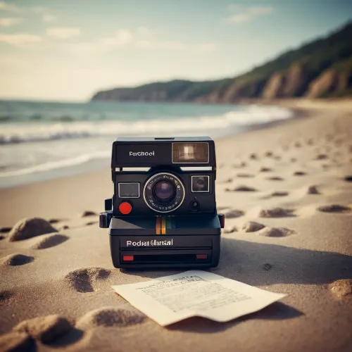 the image is a classical vintage polaroid.

On a crowded beach, family photo. A woman.