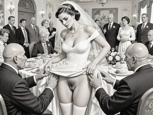 This is is a detailed monochromatic pencil drawing in a classical illustrative style depicts a scene set in USSR, in 1950s, a striking busty bride in a white dress, ((2 ugly bald old men roughly pawing her labia with their fingers)), 2 ugly bald old men mocking, on a festive table during the wedding banquet, She lifts the hem of her wedding dress with her hands, hairy pussy, her white stockings are visible, family and parents are watching in their best clothes, a large banquet hall, They celebrate the wedding without noticing the bride, The overall mood is intense, rendered in fine, expressive line work and subtle shading, evoking the style of 1950s satirical or moralistic illustrations.