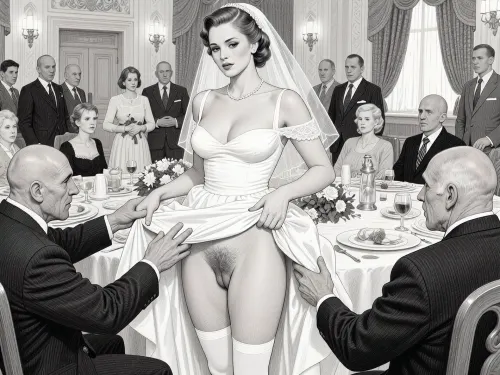 This is is a detailed monochromatic pencil drawing in a classical illustrative style depicts a scene set in USSR, in 1950s, a striking busty bride in a white dress, ((2 ugly bald old men roughly pawing her labia with their fingers)), 2 ugly bald old men mocking, on a festive table during the wedding banquet, She lifts the hem of her wedding dress with her hands, hairy pussy, her white stockings are visible, family and parents are watching in their best clothes, a large banquet hall, They celebrate the wedding without noticing the bride, The overall mood is intense, rendered in fine, expressive line work and subtle shading, evoking the style of 1950s satirical or moralistic illustrations.