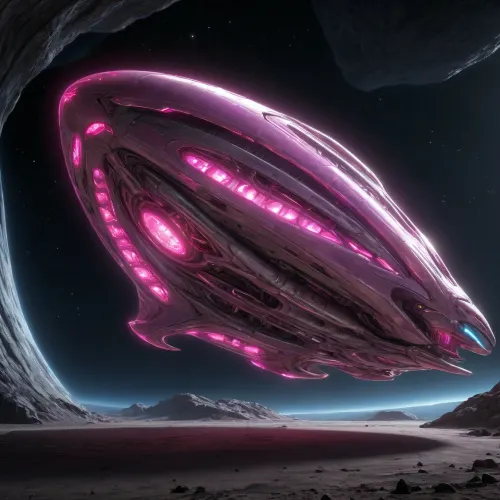 A colossal 100-kilometer-long organic alien spaceship, sleek and sensual body geometry, biomechanical design with smooth metallic curves and glowing pink energy veins. Extremely detailed hull resembling exotic biological structures, massive glowing thrusters, floating in deep space. Hyper-detailed, cinematic lighting, dark fantasy sci-fi, erotic cybernetics aesthetic, (IN SPACE), 8k resolution.