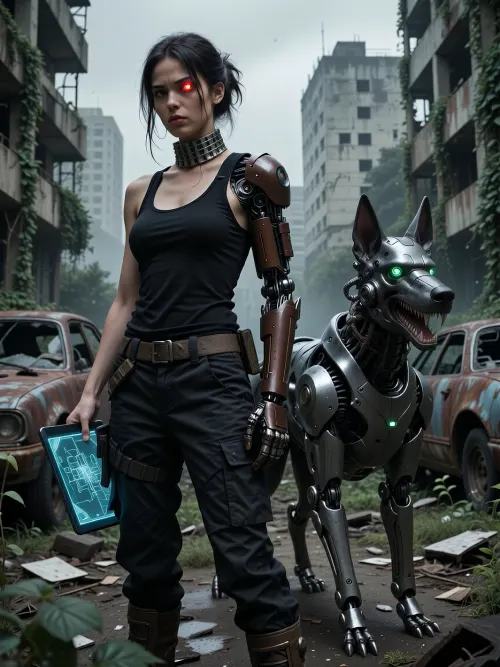 In a post-apocalyptic city, amidst the ivy-covered ruins of concrete high-rises and rusting, abandoned cars, stands a young cyborg woman. She has dark, dishevelled hair and a steely gaze, her left eye is a bright red, glowing cybernetic implant, and her neck is encased in a segmented metal collar. Her left arm is entirely mechanical, a dark brown industrial prosthesis with exposed joints and hydraulics. She is wearing a black vest, dark tactical cargo trousers and heavy, high-top boots, (only the tops of the boots are visible), . In her right hand, she holds a holographic tablet displaying a map of the city. To her right, baring its fangs, stands a four-legged metal cyborg resembling a German Shepherd, with bright green glowing eyes, in a tense stance. The atmosphere is gloomy, with an overcast sky and fog, nature is reclaiming the ruined city. Realism, high detail, cinematic lighting.