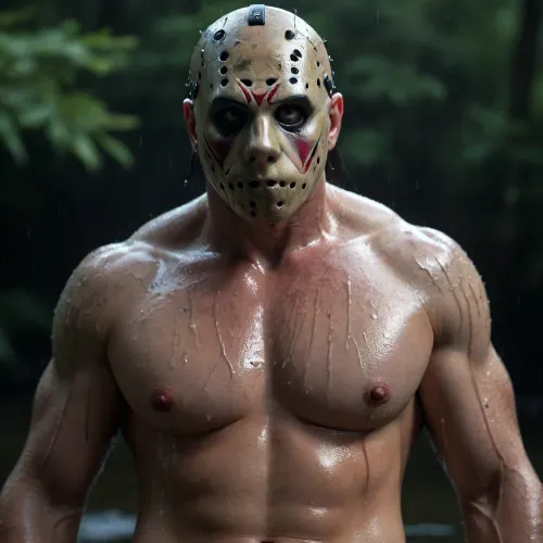Jason Voorhees unmasked, revealing a scarred and deformed hyper-masculine face, massive muscular physique, shirtless, wearing tattered trousers, covered in wet sweat and water droplets from Crystal Lake. Dark cinematic lighting, cinematic framing, moody atmosphere, dark fantasy art, ultra-high definition.