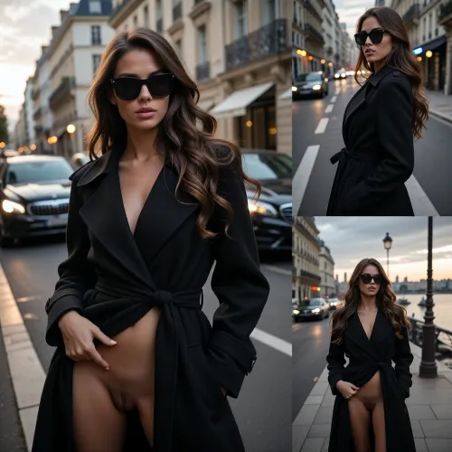 A cinematic street-style portrait photoshoot of a beautiful woman with long wavy brown hair wearing black sunglasses, an oversized black coat, presenting her vagina to the viewer. She is posing confidently in different luxury urban locations during golden hour and cloudy evening light. Background includes elegant European-style streets, luxury cars, classic architecture, city waterfront, and soft bokeh lights. Moody editorial fashion photography, natural skin texture, warm tones, shallow depth of field, soft cinematic lighting, high detail, luxury aesthetic, realistic photography, premium Instagram fashion vibe, 85mm lens, ultra realistic, 4k.