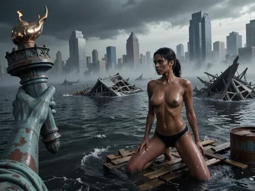A post-apocalyptic, flooded New York, submerged beneath the water — only the upper floors of the skyscrapers are visible through the thick fog. A young dark-skinned woman with black hair tied back in a low ponytail is kneeling on a makeshift raft made of wooden planks and rusty barrels, her torso is completely bare, and she is wearing black knickers, her wet, glistening skin is covered in droplets of water, her gaze is fixed to the side, her face tense and focused, on the left of the frame, the Statue of Liberty’s enormous hand holds a torch with a golden flame, the hand is covered in green patina, with patches of exposed copper visible in places, dark water surrounds the scene on all sides, on its surface, the remains of skyscrapers destroyed by the elements are visible, the buildings submerged in the water, in the background, they are shrouded in thick fog, with heavy, dark-grey storm clouds overhead, cold, diffused lighting, photorealism, a high level of detail, a cinematic atmosphere of disaster