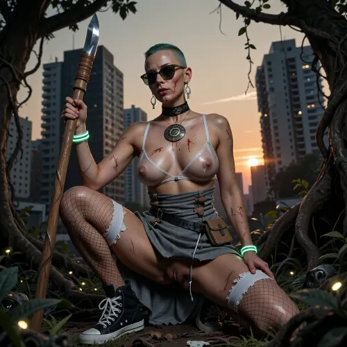 city, broken skyscrapers, overgrown with trees, roots and vines, dark, dusk, sunset, sun cresting in the background, 1girl, adult woman, slim, sporty, stringy, muscular, bald, stubbly, close-cropped short green hair, scrapes, scars, bleeding gashes, worn-out gray dress, patched, cleavage, used converse shoes, vintage sunglasses, wooden tube-earrings, (transparent silicone bra:1), (glowing neon colored bracelet), circular tattoo around the neck, shiny lipstick, torn white underwear, torn fishnet stockings, sweaty, dirty, (very hairy:1.5), (pubic hair:1.5), half squatting, (holding a simple wooden staff with a sharp knife attached to the top of the staff with tape), (wearing cables as a belt with a small bag attached to it), creatures hiding beneath foliage, blinking glowworms, (full-body view from below:2), .