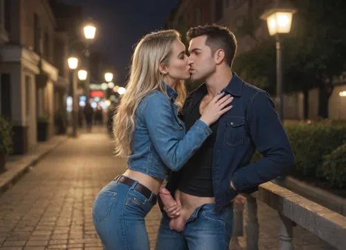 couple, 25 years, male and female, sexy, both wearing denim jacket blue intense with very long sleeves and long tight jeans with belt, kiss and handjob, female tits visible, male penis visible, female very long blonde silky hair with long extensions, male short redhair, women grab male penis and masturbate, night-time, dark, streetlights, nightime, moonlight