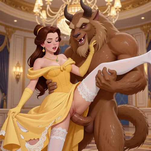 masterpiece, best quality, highly detailed, disney style, classic disney animation, 1girl, 1boy, hetero, vaginal sex, standing sex, belle, beauty and the beast, brown hair, long hair, brown eyes, fair skin, large breasts, yellow dress, torn dress, open dress, white stockings, white thighhighs, lace stockings, gold necklace, gloves, the beast, beast, furry male, horns, claws, muscular male, brown fur, embracing, holding, one leg raised, deep penetration, thick penis, pleasured expression, open mouth, closed eyes, blush, sweat, ballroom, elegant interior, warm lighting, chandelier light, luxurious background, disney proportions, soft shading, clean lines, vibrant colors, detailed fur, detailed face, detailed breasts, score_9, score_8_up, score_7_up, source_anime, (disney style, classic disney animation:1.45), (belle, beauty and the beast:1.35), (the beast, beast:1.3), (yellow dress, torn dress:1.2), (standing sex, embracing:1.2)