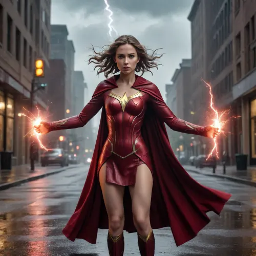 Use the uploaded image as the exact starting frame. Preserve her face, costume, body proportions, crown, and overall composition.

A violent lightning strike flashes behind her as rain lashes across the scene. She slowly raises both glowing hands toward the camera while the crimson magic spheres rapidly spin, tighten, and grow brighter. Red energy ribbons whip around her arms and hair, sparks fly outward, and chunks of broken pavement begin levitating around her. The camera performs a fast cinematic push-in with a slight orbit as she locks eyes with the viewer. At the final second, she forcefully thrusts both hands forward, releasing a massive crimson shockwave directly past the camera, filling the screen with red light, debris, rain, and magical distortion.

Motion, powerful but controlled body movement, wind-blown hair and cape, realistic rain interaction, rotating magic rings, floating rubble, dramatic camera shake at impact.
Ending, intense white-red energy flash for a seamless loop or dramatic cut.
Style, photorealistic superhero battle, cinematic VFX, realistic physics, sharp face, high detail, no costume changes, no extra fingers, no warped hands, no face distortion, no new characters.