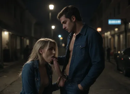 couple, 25 years, blowjob, very detailed blonde sexy women full makeup with very long blonde silky hair with long extensions, she wearing blue denim jacket with very long sleeves, opened, empty chest and long tight jeans with belt, tits visible, she kneel and suck dick from a athletic very detailed man with short redhair, he wearing blue denim jacket with very long sleeves, he stand up and have pleasure, cumshot, show both full bodies and faces of both, side, camera, night-time, dark, streetlights, nightime, moonlight, detailed eyes, <lora:dark:.8>