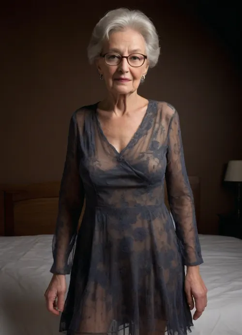 ultra detailed, ultra realistic, (((year 2000s:1.9))), (((dark bedroom:1.9))), (extremely detailed background), ultra mini swaying wavy pleated modern patterned elegant royal blue ultra sheer summer dress, (((extremely detailed dress:1.9))), (((extremely aged extremely elderly 80-year-old grandma:1.9))), (((insanely saggy and wrinkle skin:1.9))), (((extremely transparent transcluent sheer ultra-simple dress:1.9))), (bra and panties silhouette in dim light), (gigantic breasts:1.9), slim, thin, skinny, (extremely erotic:1.9), dark hair, insanely elegant huge basic royal floral hat, face close-up, (dark night), Deep Depth of Field, F/20, inviting rough sex, big butt, (((Wild perverted cougar sex machine aberrant face:1.9)))