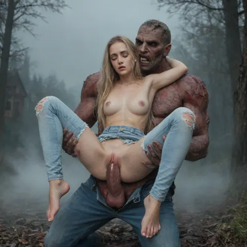 old forest by a castle, highest quality, (fog:1.8), night time, dynamic full body view, 1girl, very petite, blonde very long straight hair, White jeans, torn clothes, monster penis, penis on pussy, sweating, doggy style sex position, cumming, (full anal penetration:1.9), post-apocalyptic, world, decay, skin, zombie, zombies, cityscape, (((double_penetration))), fucked, hetero holding interspecies zombie mounting, (((ugly, terrifying, (zombie)), ((zombie)), male)), only 2 penis in scene, random sex position, pussy sex, (with spread legs:1.2), (monster zombie extremely full anal penetration), (group fucking:1.6), (eyes closed hard:1.8), full nelson, cum on feet, <lora:UZombies:2>