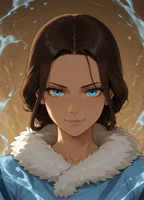 Beautiful detailed anime-style portrait of Katara from Avatar, The Last Airbender, long flowing dark brown hair, striking blue eyes, gentle smile mixed with quiet strength, Southern Water Tribe blue tunic with white fur trim, soft glowing blue water effects around her, clean linework, vibrant colors, high detail, official art style inspired by the series