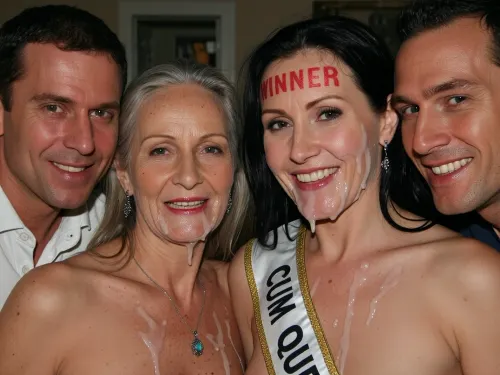 polaroid bad quality photo, camera flash, slightly dark background, wide view, (grandma), realistic two old french women 75yo side by side with age face wrinkles looking to cam, Two couples compete to see who is the cum queen, each husband behind her wife, two couples Text wrote on the woman's forehead with red lipstick "WINNER", with a sash across the chest with text wrote "CUM QUEEN", the winnes is the cum queen, (age face wrinkles:1.2), man smiles to cam too, short straight black hair, brown eyes, little natural tits, jewelry, pendant with jewel, ear rings, ruined makeup, after a bukkake party, their faces are completely covered in cum, an excessive amount of cum is on their faces, hair and in their mouths, cum is dripping down on their chests, her hair is messy, she is looking happy, she is smiling, her face is completely destroyed, in a domestic living room room