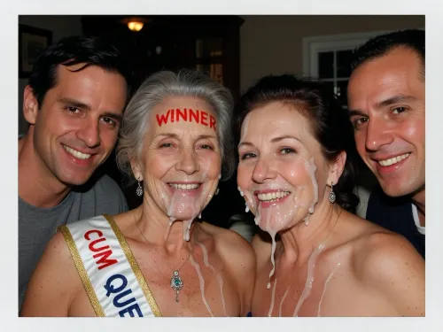 polaroid bad quality photo, camera flash, slightly dark background, wide view, (grandma), realistic two old french women 75yo side by side with age face wrinkles looking to cam, each husband behind her wife, Text wrote on the woman's forehead with red lipstick "WINNER", with a sash across the chest with text wrote "CUM QUEEN", the winnes is the cum queen, (age face wrinkles:1.2), man smiles to cam too, short straight black hair, brown eyes, little natural tits, jewelry, pendant with jewel, ear rings, ruined makeup, after a bukkake party, their faces are completely covered in cum, an excessive amount of cum is on their faces, hair and in their mouths, cum is dripping down on their chests, her hair is messy, she is looking happy, she is smiling, her face is completely destroyed, in a domestic living room room