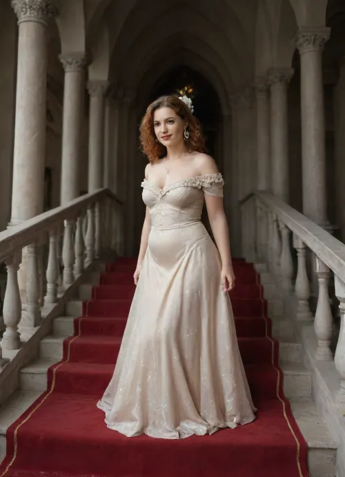 A 25 years old chubby woman with vibrant red hair and a flowing emerald wine red gown ascends a grand, ornate staircase.

The image depicts a breathtaking scene within a lavish interior, possibly a palace or a grand mansion. The focal point is a young woman with a cascade of fiery red, curly hair. She is wearing an off-the-shoulder, floor-length gown made of a rich, wine red velvet fabric that drapes and folds dramatically around her. Her expression is joyful and radiant, with a wide smile and eyes looking towards the viewer. She is adorned with delicate, sparkling earrings.

The woman is positioned on a wide, sweeping spiral staircase. The steps appear to be made of a light-colored stone, possibly marble, with subtle variations in tone and texture suggesting they are well-worn yet meticulously maintained. The staircase is bordered by an opulent, spiraling banister made of polished gold. The banister features intricate, scrolling metalwork with ornate patterns, adding to the overall sense of grandeur and luxury.

The composition is dynamic, with the camera angle looking down the staircase from above, emphasizing its elegant curve and the woman's ascent. The lighting appears to be soft and diffused, possibly from unseen windows or chandeliers, casting gentle shadows that highlight the textures of the fabrics and the architectural details. The background above the woman shows more of the staircase's structure, including decorative gold trim along the ceiling or wall, further enhancing the regal atmosphere.

The overall ambiance of the image is one of elegance, romance, and a touch of fairytale magic. The vibrant colors of the woman's hair and dress contrast beautifully with the neutral tones of the staircase and the warm metallic gleam of the gold railing. There is a sense of movement and life, conveyed by the flowing fabric of her gown and her lively expression, as if she is captured in a moment of pure delight., 