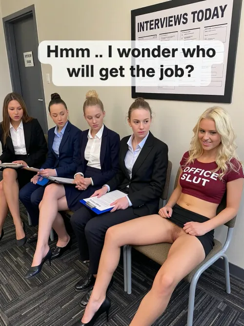 A group of young businesswomen sitting in a waiting area. Five Seats arranged in a row along a wall. At the end of the row of seats is a door with a sign on it saying “INTERVIEW ROOM”. on the wall is a big notice saying “INTERVIEWS TODAY”.
The first three and the fifth seat are occupied by professional looking ladies in their 20s and 30s. Smart hairstyles of different colours. All wearing smart dark but different shades of business-wear, jackets, starched blouses, knee length skirts or trousers. All clutching folders marked “RESUME”. All looking with disdain at the occupant of the fourth chair. In the fourth chair we see a Busty blonde Bimbo woman 20+, big mop of curly hair, very low cut burgundy crop top with the words “ OFFICE SLUT “ written on it, extremely short microskirt, legs parted and hairy pussy visible. She is grinning.

White text box “Hmm . I wonder who will get the job?”