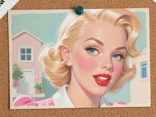 (greasepen art, grease pen on canvass, grease pen painting), (postcard pinned to a corkboard with a single tack, postcard art, old postcard), (1960's style pinup housewife, bombshell babe, pinup girl, 1960's style poster, pastel colors), (huge doe eyes, pale blue eyes:4), (vivid cherry red lipstick, soft blush, soft flirty smle), (blonde hair, glamorous retro styled hair), (oversaturated, smudged colors:2)