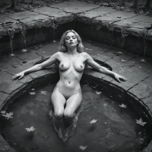 black and white charcoal drawing of a beautiful blonde woman, 24y.o, nude, natural swiming pool old forest magic dream full body view, only her lips are red. The surreal art drawing is on a vintage textured canvas background, a black and white charcoal painting, womans lips are red, art work inspired mucha, klimt, beksinski, vrubel gold light, <lora:spstation:1.3>, <lora:EldritchCharcoalXL1.1:.5>