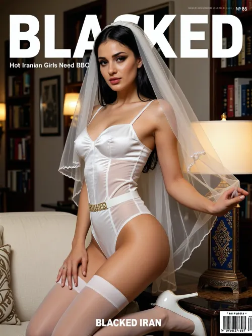 Magazine cover of BLACKED, bold white BLACKED text centered at the very top, directly below it short text “Hot Iranian Girls Need BBC”, sleek modern Iranian library lounge with tall bookshelves and warm lamp light, cute natural authentic Iranian woman with soft square face, kind dark eyes, natural expression, long jet-black hair under a long flowing pure white sheer bridal veil, heavy traditional Iranian makeup with bold thick brows, heavy smoky eyes and classic soft red lips, soft voluptuous silhouette with gentle feminine curves and rounded hips, wearing a ultra-modern pure white velvet micro lingerie set consisting of a tiny strapless bandeau top with fine stitching, low-coverage micro bottoms, a structured white corset-garter hybrid with thin elastic band that says BLACKED in gold letters, and sheer pure white stockings with thin back seam, standing in a strongly twisted sensual pose with one hand behind her head and body curved while holding the veil, next to a traditional Iranian miniature book stand, shiny pure white stiletto heels, warm lamp light, exact same face of the girl, consistent face, (seed:1), natural skin texture, realistic pores, lifelike details, photorealistic, ultra realistic, highly detailed natural appearance, magazine elements, “BLACKED IRAN” bottom center, barcode bottom right, “№ 65” top right, hyper-realistic