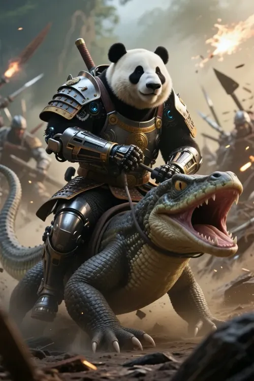armored cybernetic samurai panda bear riding a giant salamander mount, riding into battle, cinematic shot, dynamic lighting, 75mm, Technicolor, Panavision, cinemascope, sharp focus, fine details, 8k, HDR, realism, realistic, key visual, film still, cinematic color grading, depth of field.