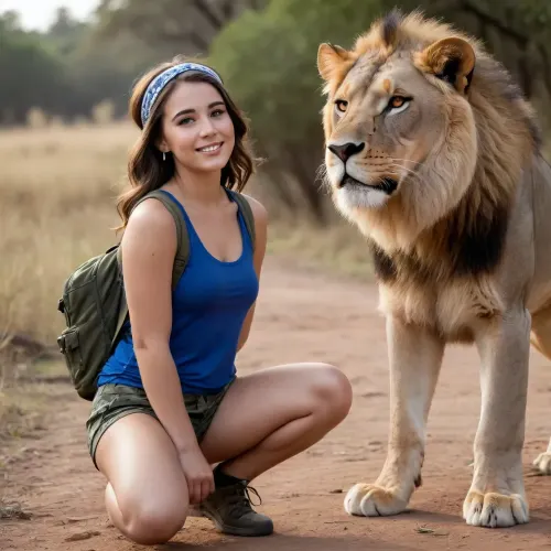 high definition, amateur photoshoot, epic details, high details textures, 25yo, brunette, white headband, natural body, realistic eyes, smile face, small noze, makeup, earings, meduim chested, oversized blue tank top, no bra, camo shorts, backpack, kneeling, posing with lion, african safari, sunlight