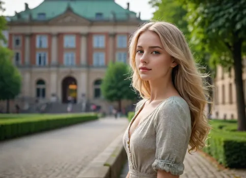 (photorealistic medium shot:1.3), stunning young woman with long, flowing blonde hair, elegant posture, serene expression, highly detailed facial features, standing on a historic cobblestone street in Berlin, foreground subject. Background features the majestic, ornate Baroque architecture of Charlottenburg Palace, soft-focus bokeh effect, surrounded by lush vibrant greenery of Schlosspark Charlottenburg. Lighting, soft natural daylight, gentle realistic shadows, atmospheric lighting, rim lighting on hair. Color Palette, warm earth tones of aged brickwork, rich deep forest greens, cool neutral greys. Technical, 35mm lens, shallow depth of field, f/1.8, 8k resolution, hyper-realistic, cinematic composition, intricate textures, sharp focus on subject, professional photography, masterpiece.