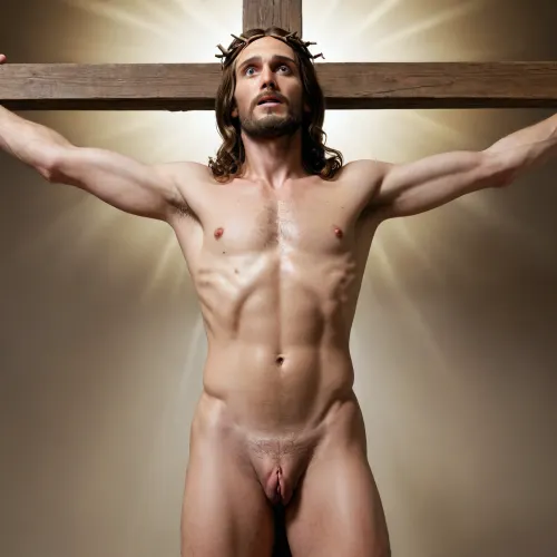 Nude Jesus christ crucified, penis erection, ejaculating